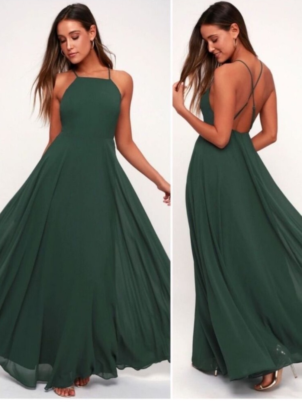 Lulus Mythical Kind Of Love Green Chiffon Maxi Dress Full Skirt Open Back XS